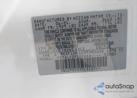 2021 Nissan Kicks Sv Xtronic Cvt из США, поврежденный, VIN 3N1CP5CV7ML515747